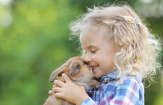 Kind hält Hase im Arm