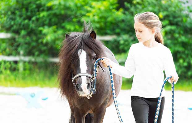 Mädchen spaziert mit einem Pferd auf einem Reitplatz